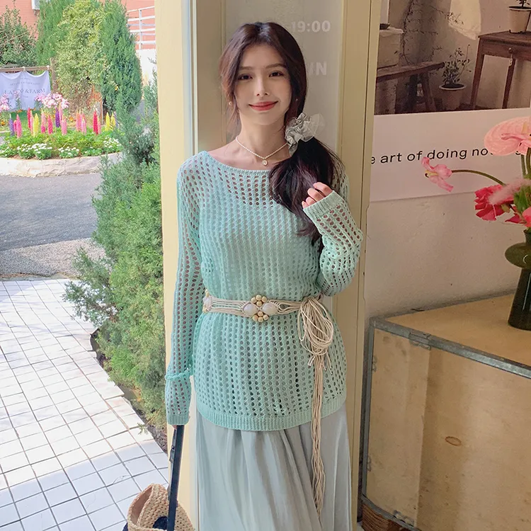 早春穿搭一整套流光感半身长裙纱裙镂空防晒针织衫两件吊带裙套装