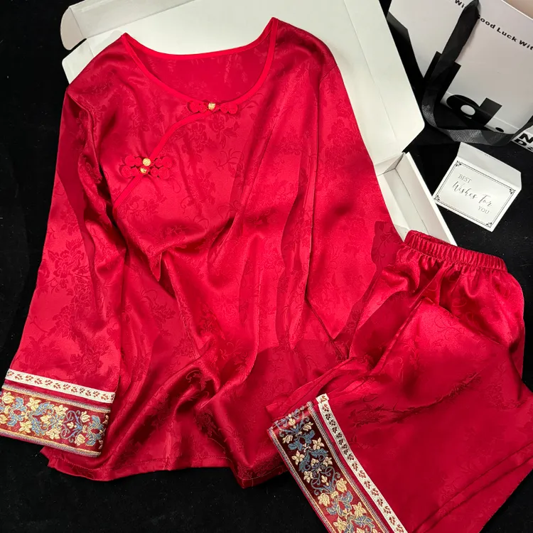 新年红色国风睡衣女新中式刺绣编织长袖春夏季薄款冰丝格格家居服