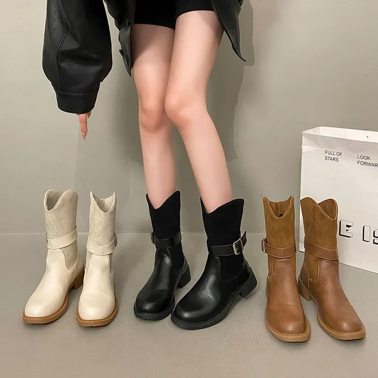 复古英伦风百搭马丁靴女2025秋冬新款侧扣厚底西部牛仔切尔西短靴