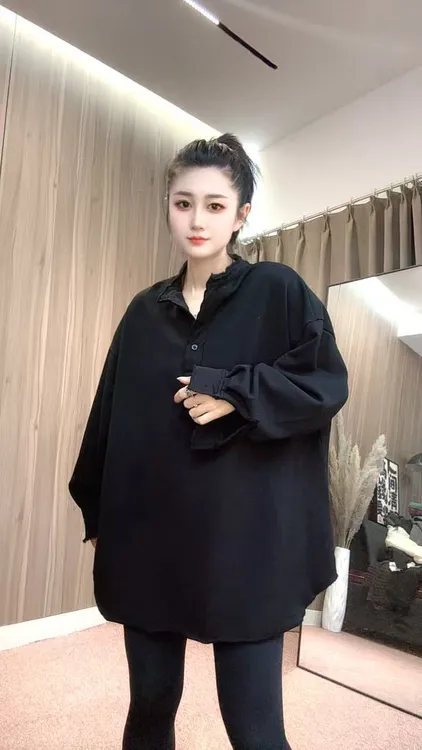 衬衣袖半开领套头女中长款纯色卫衣显瘦百搭秋冬季