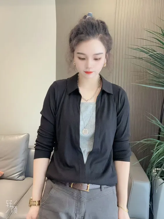 秋季新款简约翻领假两件百搭显瘦女款长袖上衣5603