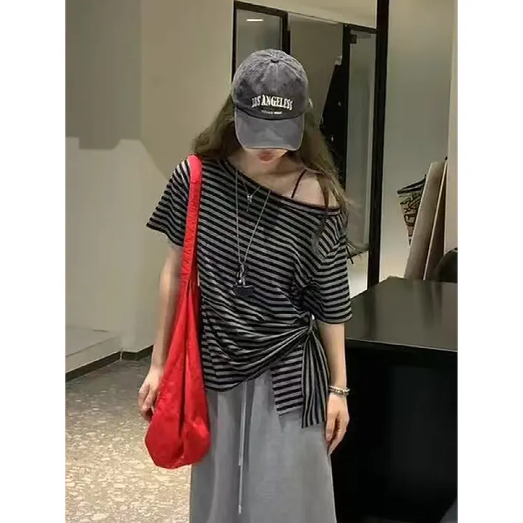 大码胖mm韩系复古露肩条纹短袖T恤女夏季不规则显瘦时尚气质上衣