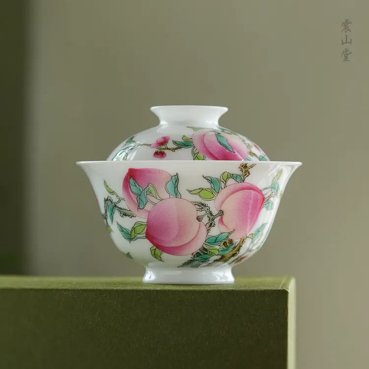 震山堂粉彩纯手绘桃子盖碗景德镇纯手工斗彩青花薄胎陶瓷泡茶器