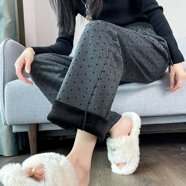 【小个子】新款黑色波点毛呢休闲裤女秋冬高腰宽松梨形身材阔腿裤