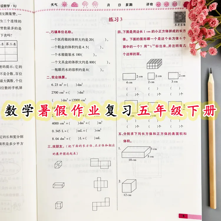 五年级下册数学暑假作业人教版五升六暑假衔接练习题暑假复习衔接