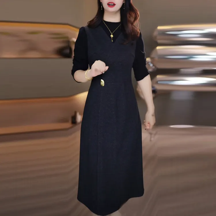 磨毛精纺假两件背带裙2025秋冬季新款显瘦中长款加厚打底连衣裙子