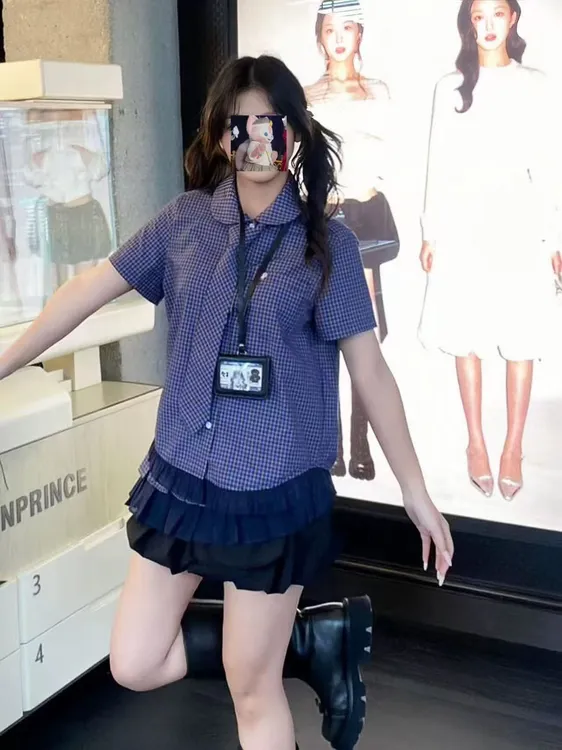 复古娃娃领花边短袖衬衫网纱格纹拼接双层屁帘半身裙套装7898