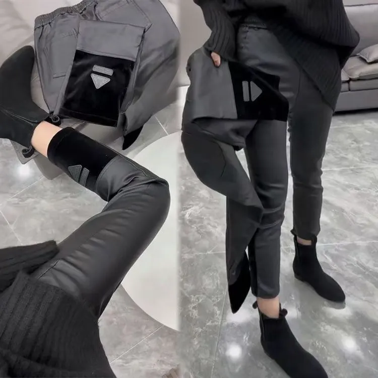 欧洲站2025秋冬金丝绒拼接涂层直筒裤女松紧腰弹力百搭九分裤