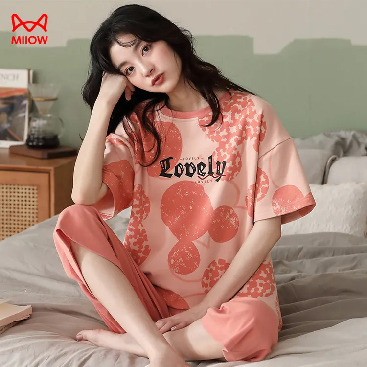MiiOW/猫人夏季新款女士纯棉短袖七分裤睡衣粉橙休闲舒适家居服