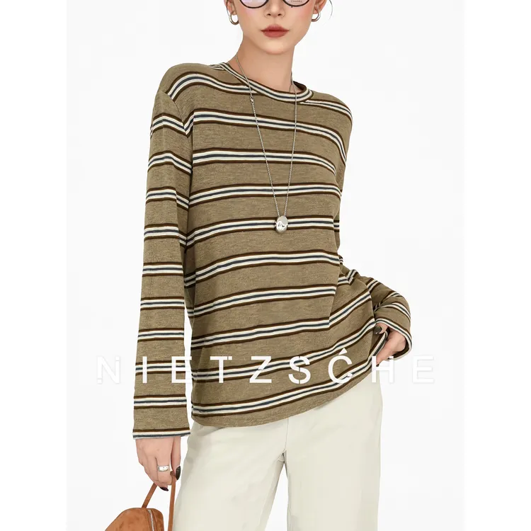 尼采 官方直营｜里斯本亚麻条｜懒懒麻感 条纹撞色百搭长袖T恤71196