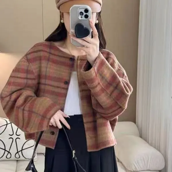 韩系格子双面大衣女短款阔版圆领单排扣大衣女秋冬高级感百搭毛呢