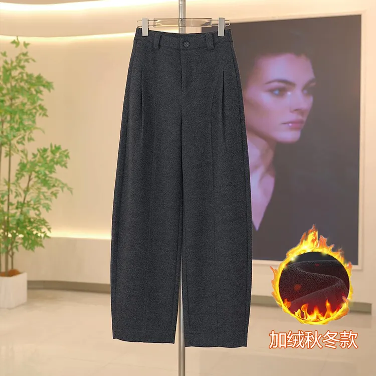 加绒糯米呢阔腿裤女2025秋冬新款美拉德高腰宽松褶皱直筒弯刀裤