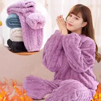 睡衣女珊瑚绒提花情侣套装睡衣男秋冬季加绒加厚休闲套装家居服女