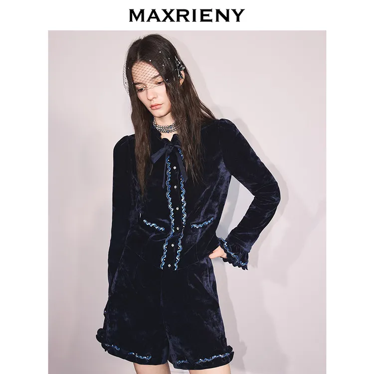 【商场同款】MAXRIENY费尔岛穿搭条纹领口钉珠丝绒衬衫长袖上衣冬