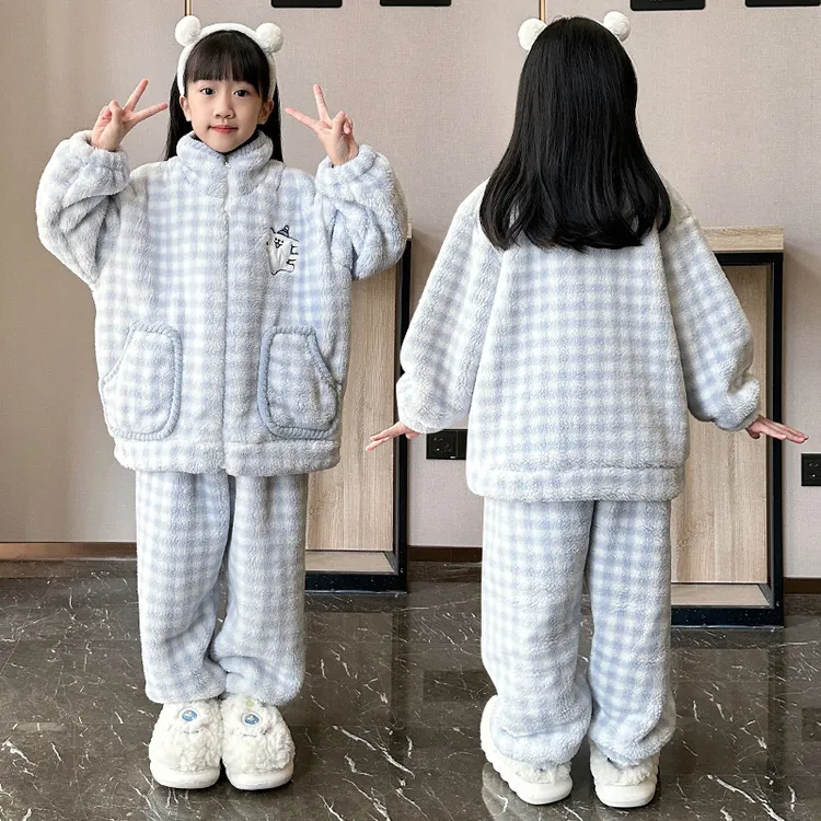 珊瑚绒儿童开衫睡衣冬季女童新款加厚大童女孩卡通外穿洋气家居服