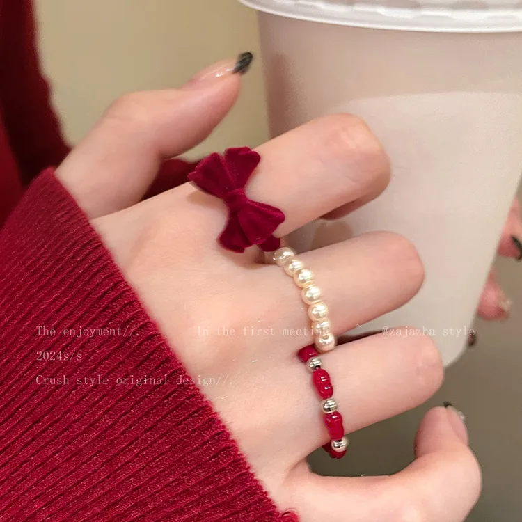 铜合金戒指 红色丝绒仿珍珠戒指女小众设计叠戴食指戒高级感指环