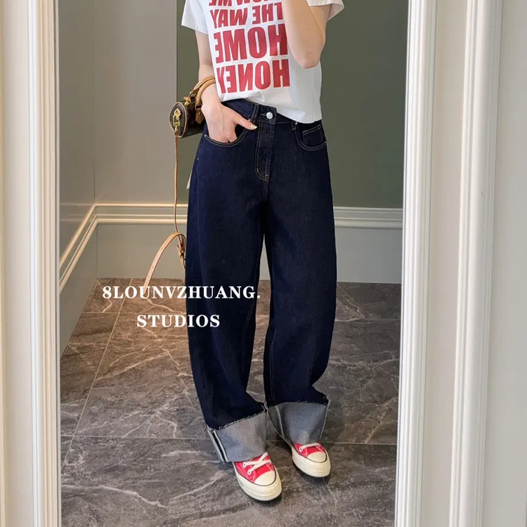 翻边直筒裤花匣子牛仔裤女2025新款8823381普洗蓝8楼女装