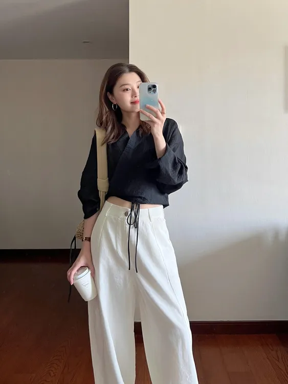 秋季新款女生韩系ins衣服宽松气质抽绳小衫百搭上衣显瘦直筒裤