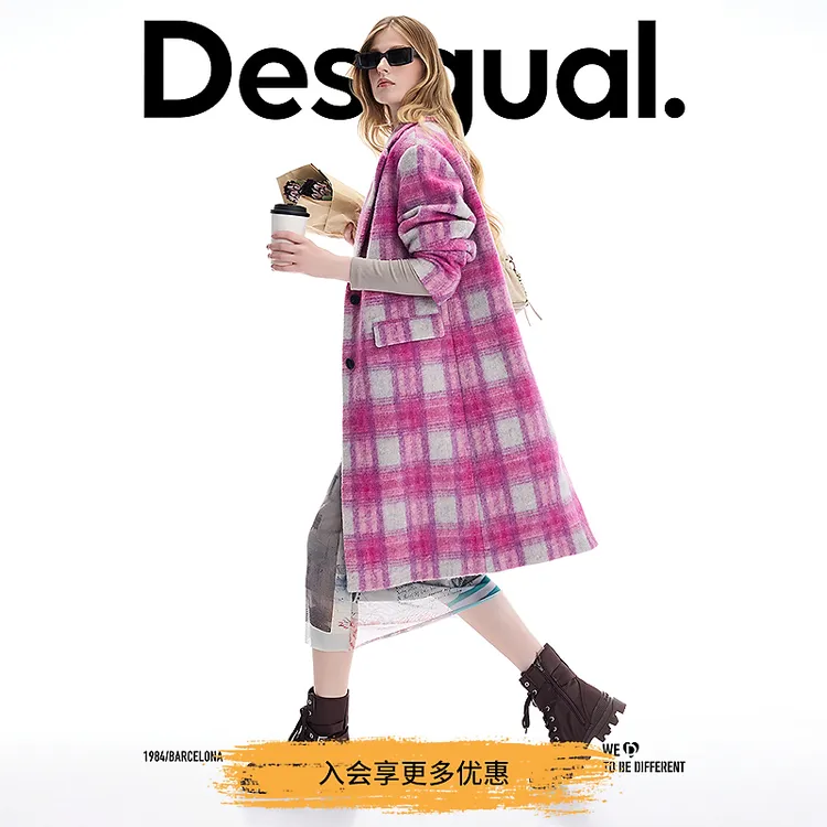 Desigual25秋冬新品格纹枪驳领单排扣女士大衣