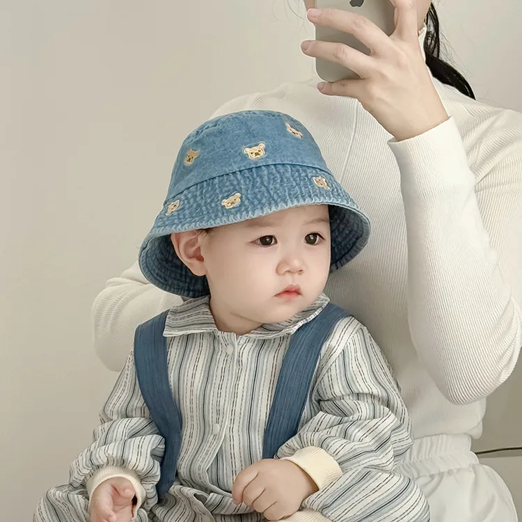 儿童遮阳防晒牛仔帽子春秋薄款可爱小熊男女宝宝渔夫帽水桶盆帽夏