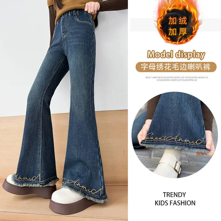 女童加绒秋冬款裤子女孩弹力修身加绒百搭显瘦保暖牛仔弹力喇叭裤