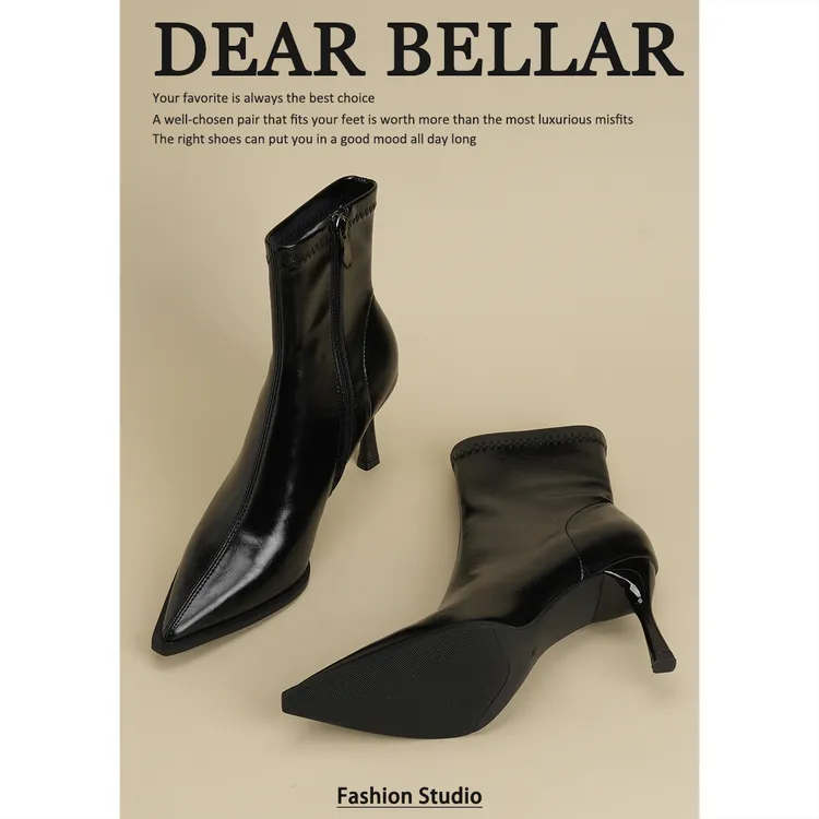 黑色经典细跟尖头短靴女2025新款时尚百搭瘦瘦靴微喇裤专用高跟鞋