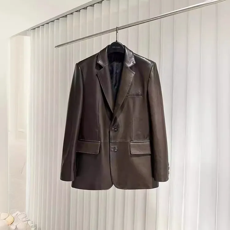 真皮皮衣 春秋季时尚西服进口植鞣女士真皮西装高级修身宽松外套