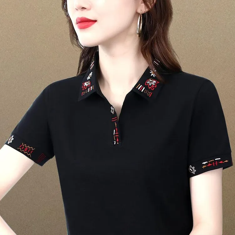 夏季女爆款短袖套装时尚减龄气质休闲翻领polo衫大码绣花百搭上衣