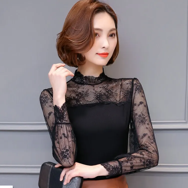 半高领蕾丝打底衫新款春秋时尚莫代尔小衫洋气修身显瘦女内搭上衣