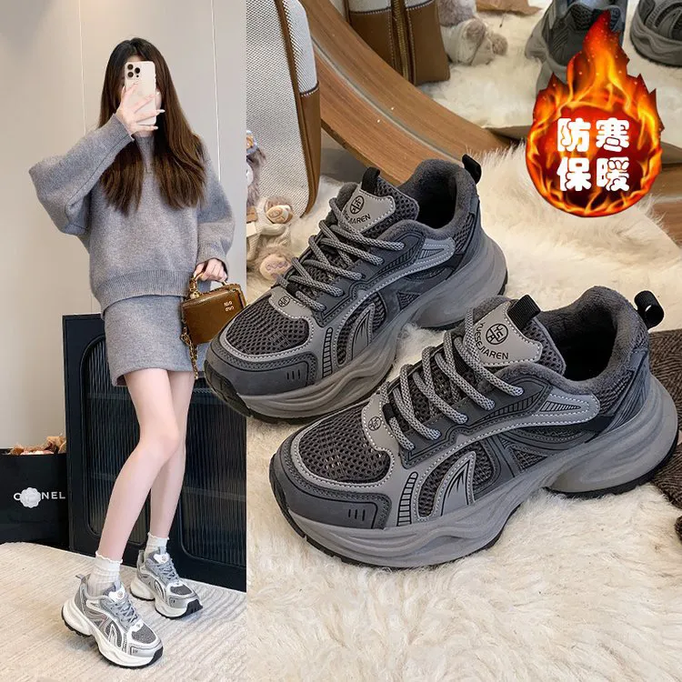 轻便软底加绒显脚小老爹鞋女2025秋冬新款学生跑步百搭休闲运动鞋