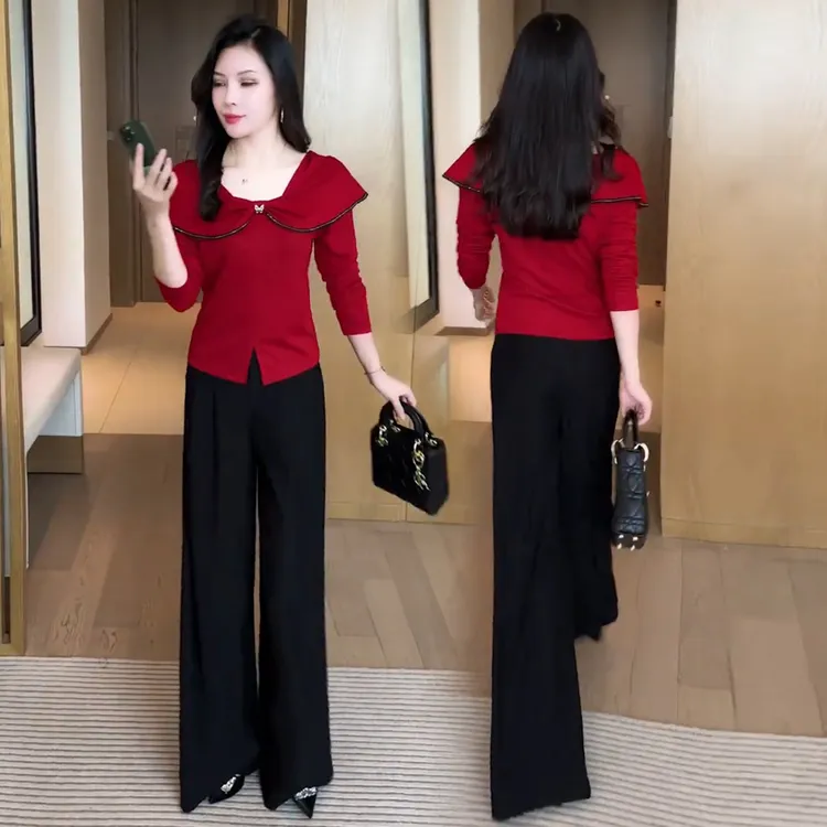 时尚洋气套装女2025秋季新款设计感长袖T恤上衣阔腿裤显瘦两件套