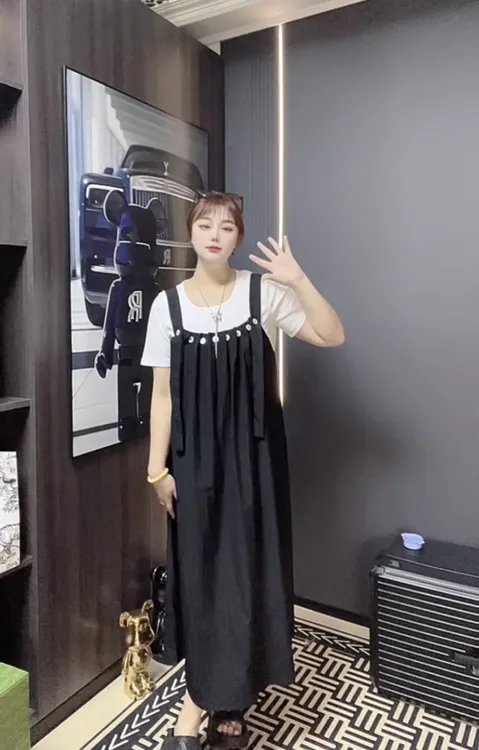 夏季长裙慵懒风吊带A字背带裙气质宽松显瘦高级感套装