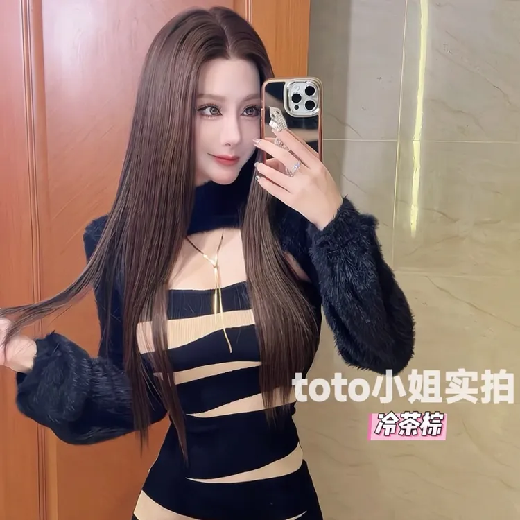 【棕茶直】层次直发·免发网半蕾丝隐形逼真进口丝超自然全头套假发