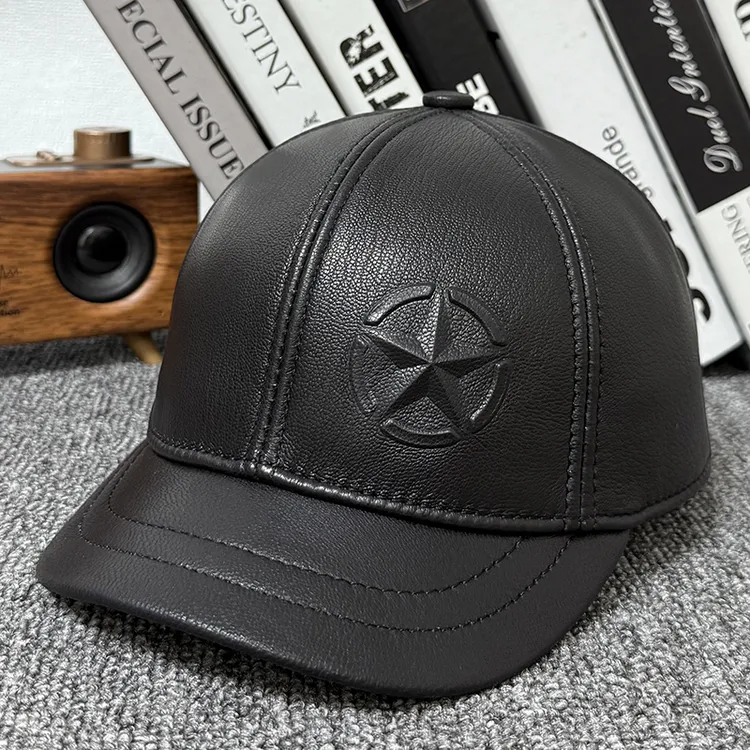 五星羊皮棒球帽男短帽檐真皮鸭舌帽户外休闲全封口皮帽子中年春秋