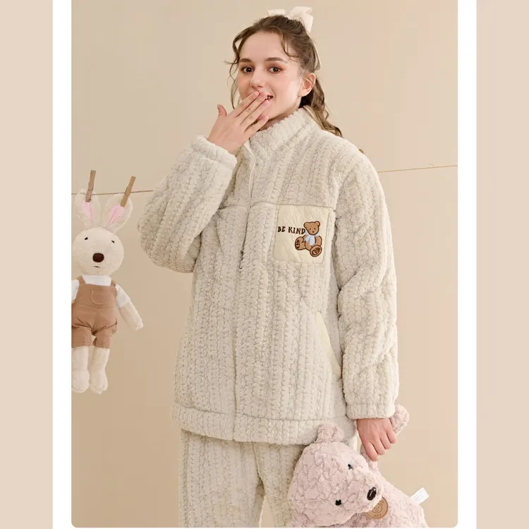 韩琦路加厚三层夹棉加厚仿貂绒睡衣冬季拉链立领家居服可外穿棉衣