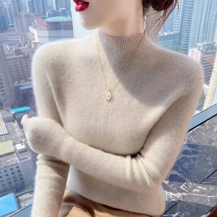鄂尔多斯市秋冬款羊绒衫女无缝一线成衣内搭毛衣修身半高领打底衫