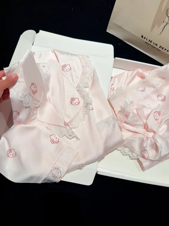 法式高级感冰丝睡衣女春秋季长袖长裤少女可爱花边kitty猫家居服