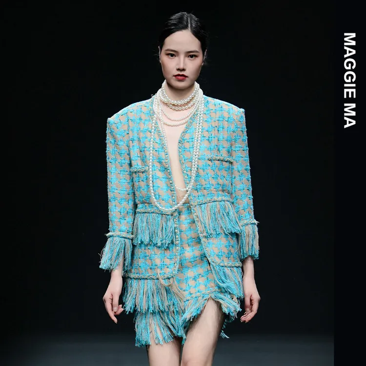 MAGGIE MA马婧设计师蓝色编织纹理灵动流苏小香风套装裙085C/086D