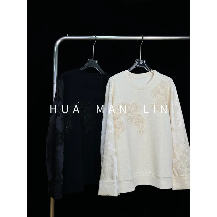 【花满林】两色圆领贴布绣拼接真丝桑蚕丝丝毛袖子刺绣卫衣62511