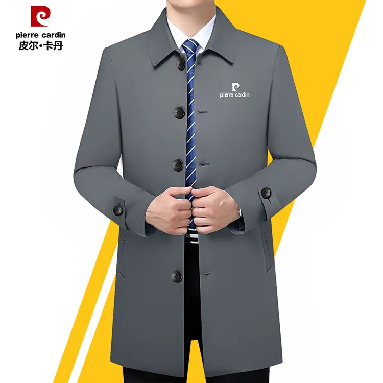 皮尔卡丹【专柜品质】中长款翻领商务休闲风衣外套男中年成熟男衣服