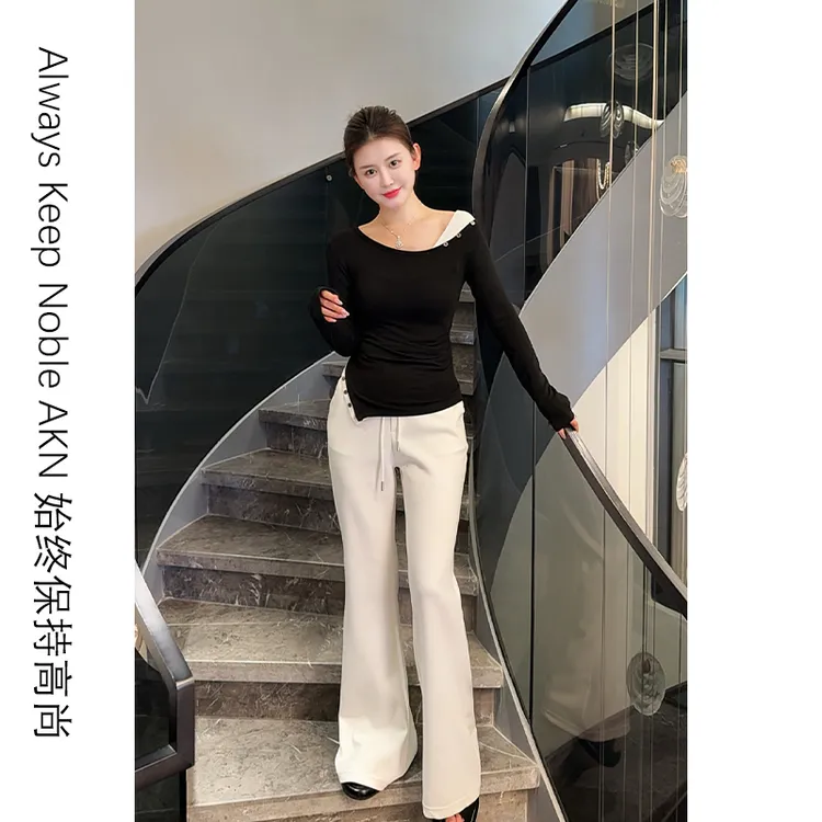 艾珂妮8031【长袖T恤衫】针织弹力休闲风不规则气质百搭斜领长袖T恤