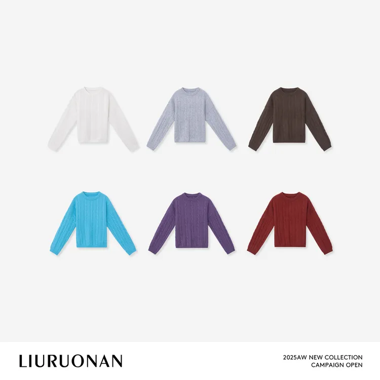 LIURUONAN 25WIN【阿兰故事】六色圆领长袖绞花针织宽松休闲毛衣女