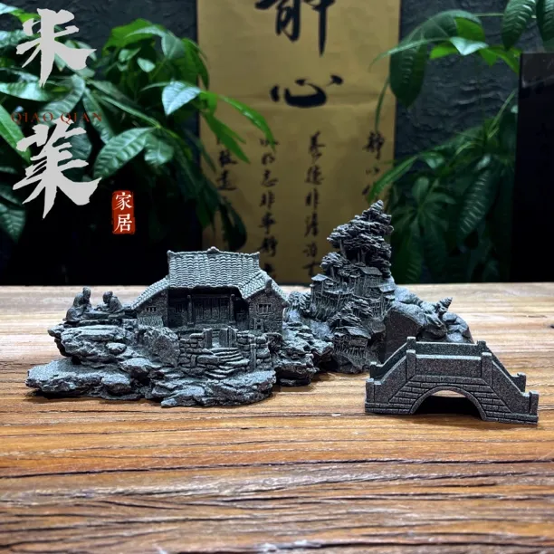 青砂石造景假山院子+小树林假山+小桥鱼缸盆景茶桌桌面造景三件套