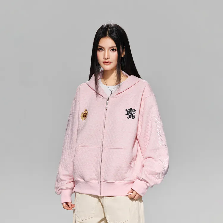 【Achock官方店】美式休闲徽章刺绣格子棉外套简约拉链连帽卫衣