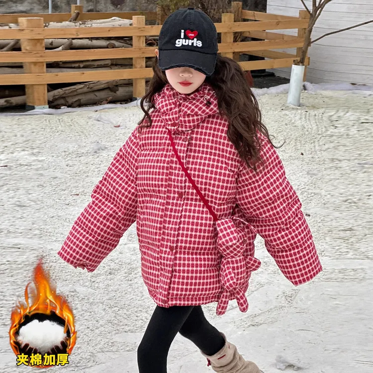 女童外套冬棉袄2025新款女大童秋冬加厚连帽格子红色棉服保暖洋气