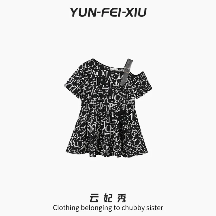 云妃秀大码女装雪纺衫露肩时尚休闲宽松显瘦胖妹妹短袖夏季78113