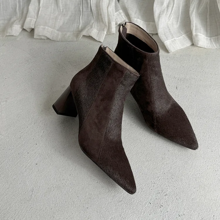 6cm马毛牛皮尖头短靴 2025秋冬新款尖头粗跟时尚短靴女短筒