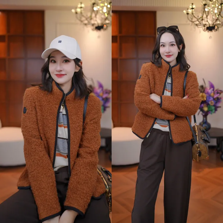 JDND轩羽【绒光暖意】羊毛植绒撞色立领休闲外套XY25515