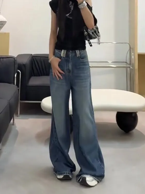 复古蓝阔腿牛仔裤女秋季新款大码梨形身材高腰遮胯显瘦直筒拖地裤