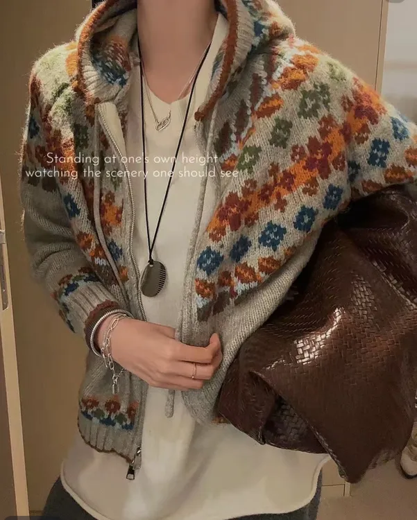 2025款秋冬费尔岛拉链连帽针织开衫宽松慵懒风时尚加厚显瘦上衣